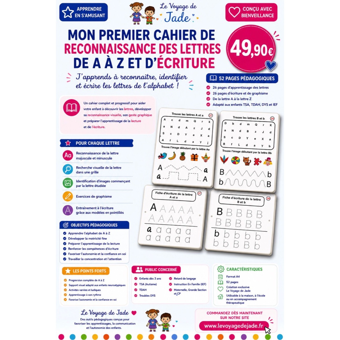 Cahier 52 pages pour reconnaître et écrire les lettres de A à Z, enfants autistes
