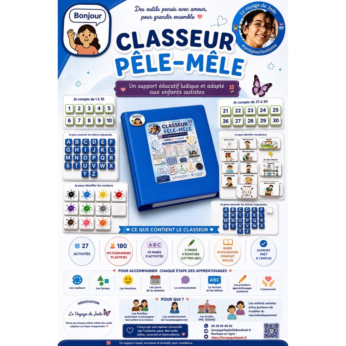 Classeur Pêle-Mêle 27 activités et 180 pictogrammes pour enfants autistes, Le Voyage de Jade