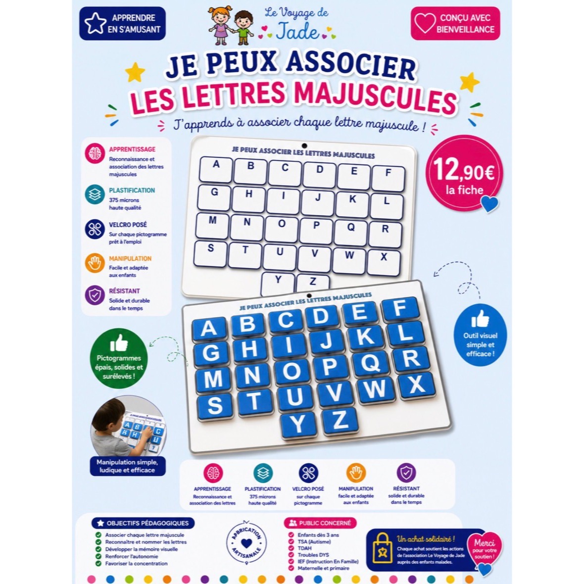 Fiche pour reconnaître et associer les lettres majuscules, enfants autistes