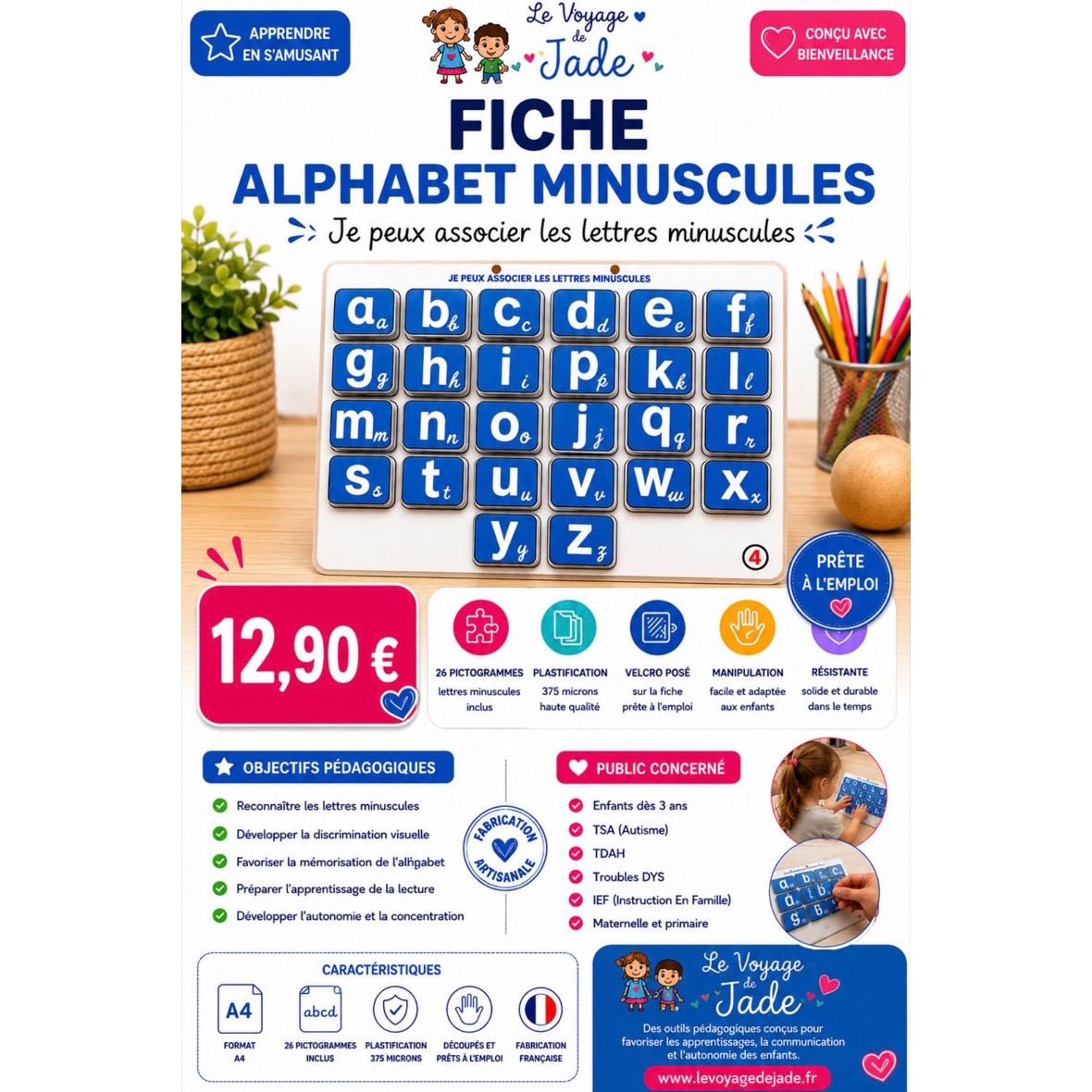 Fiche pour reconnaître et associer les lettres minuscules, enfants autistes