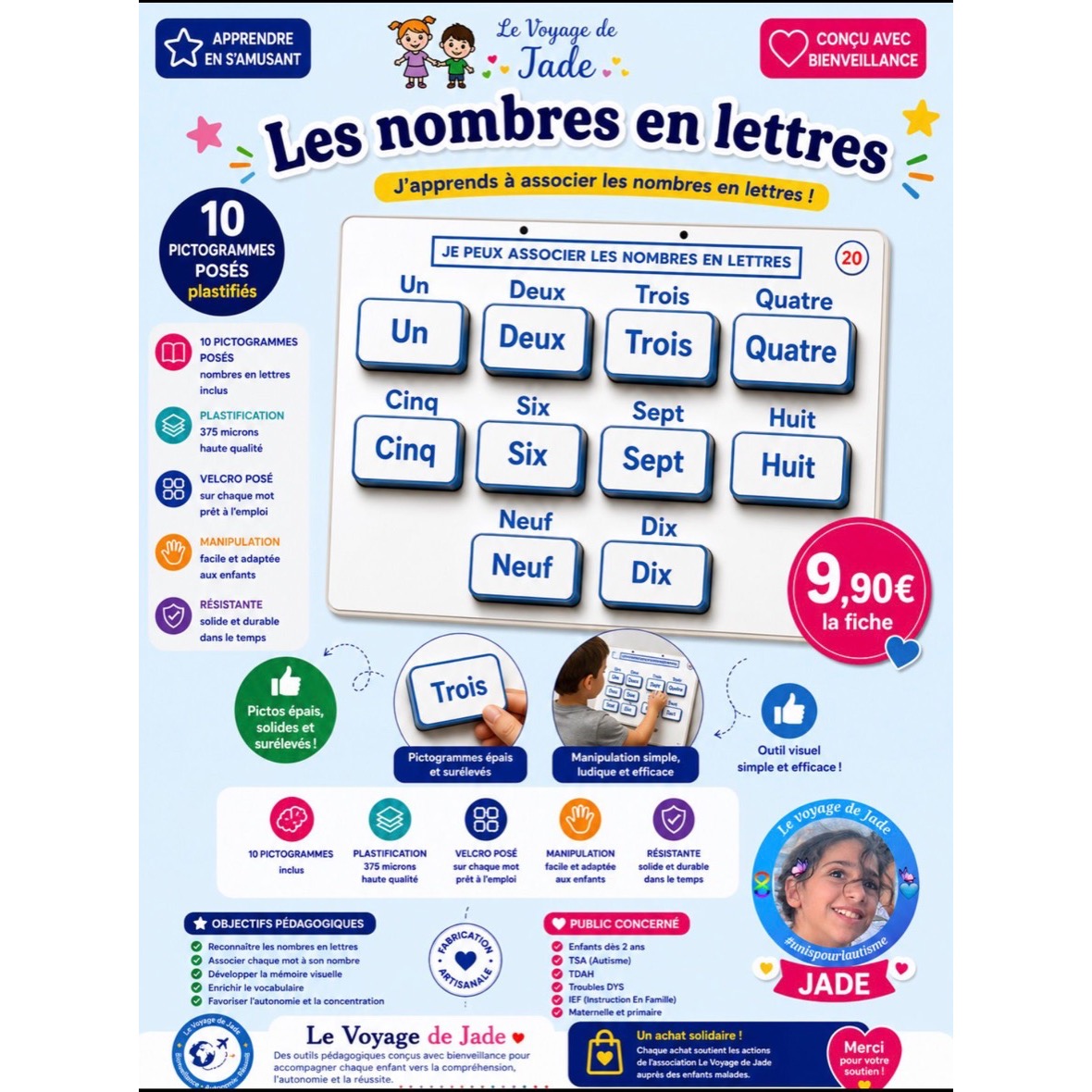 Fiche pour associer les nombres à leur écriture en lettres, enfants autistes