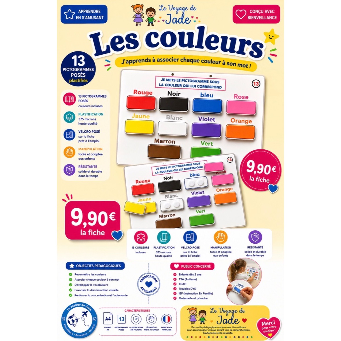 Fiche pour associer chaque couleur à son mot, enfants autistes