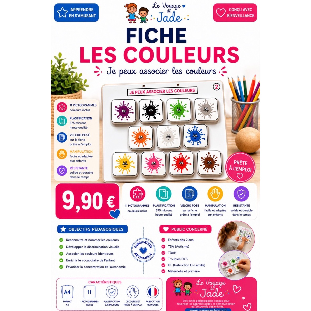 Fiche éducative pour apprendre à associer les couleurs, conçue pour enfants autistes