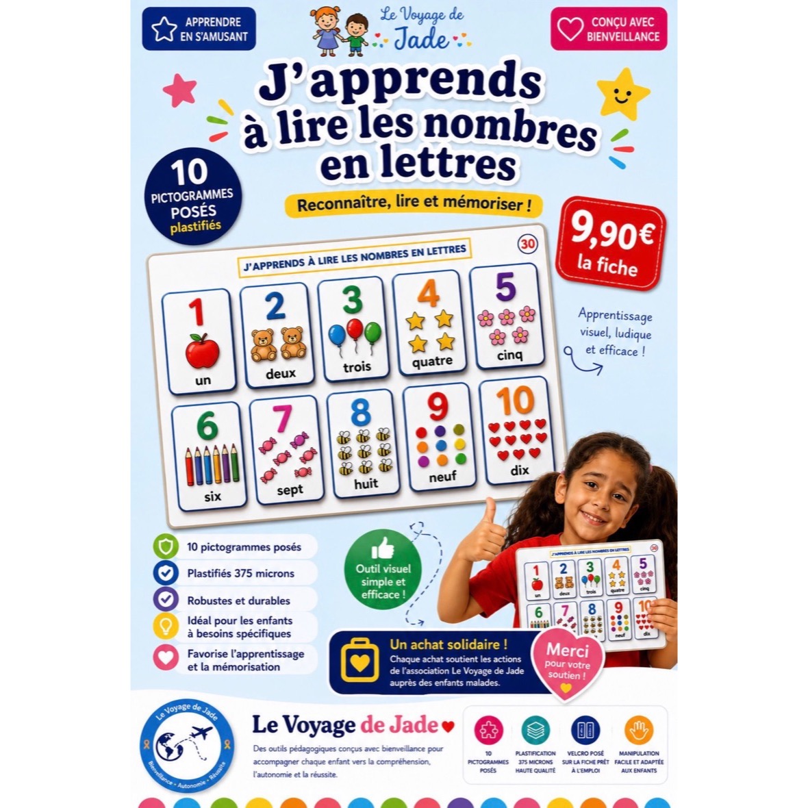 Fiche pour reconnaître, lire et mémoriser les nombres de 1 à 10, enfants autistes