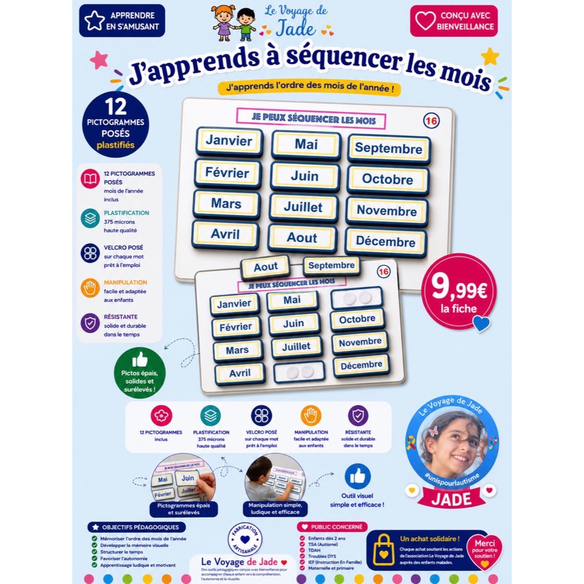 Fiche pour apprendre et ordonner les 12 mois de l'année, enfants autistes